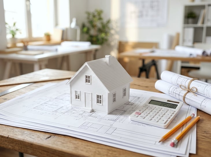 Maquette de maison sur des plans de construction