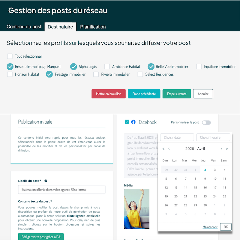 Outil de social media management Ubiflow pour l'immobilier : gérez la multidiffusion et la planification de vos posts sur plusieurs agences et générez du contenu marketing grâce à l'IA intégrée.