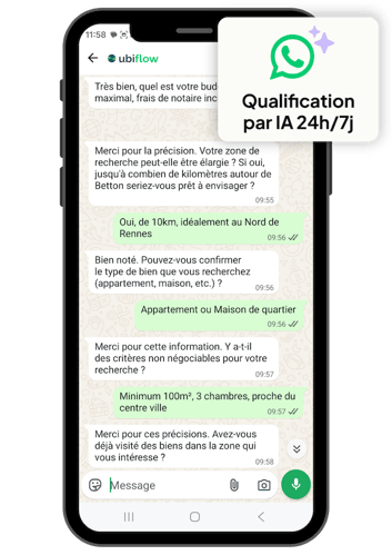 Qualifiez vos leads 24h/24, 7j/7 via WhatsApp. Soyez le premier répondant, avant vos concurrents grâce à Ubiflow.