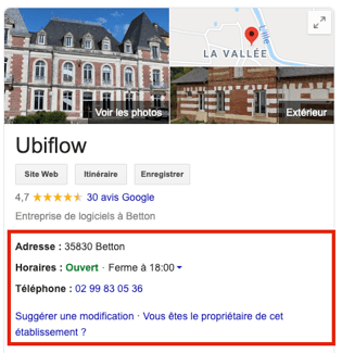 Capture Ubiflow mise en évidence informations fiche google my business