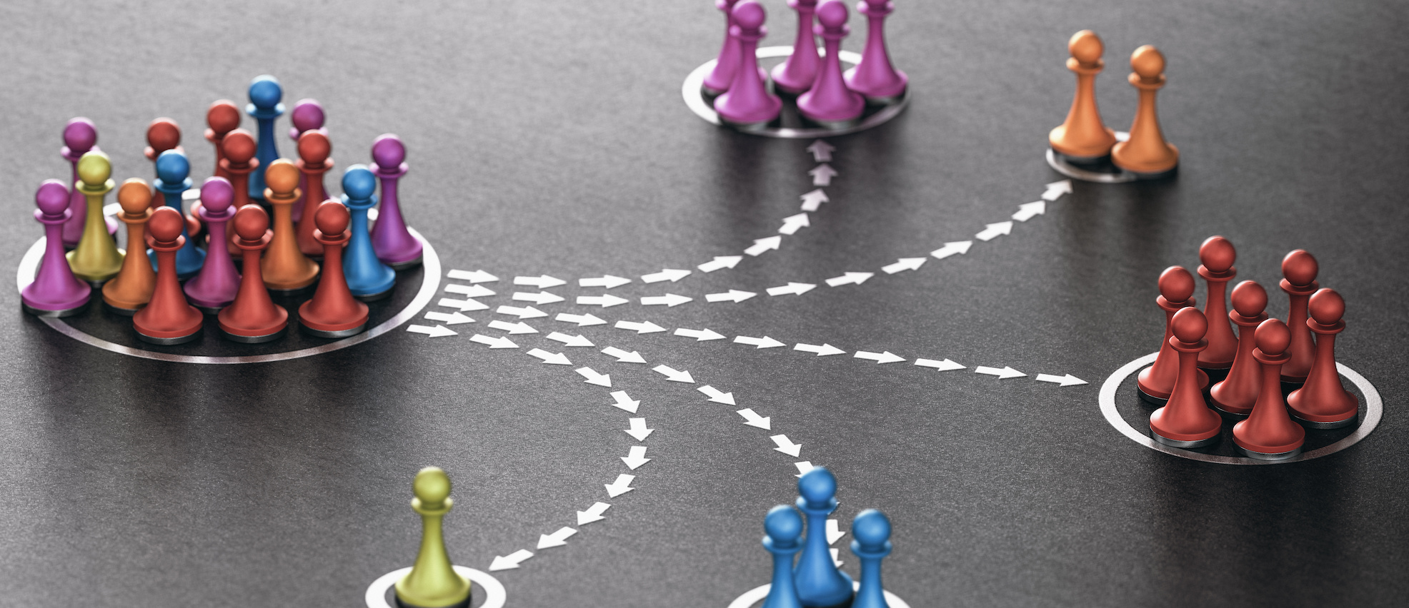 Pions d'échiquier répartis par couleur - représentation d'une segmentation.