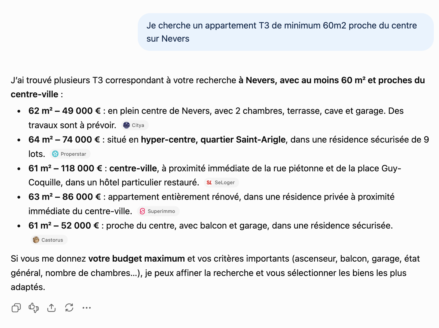 Réponse de ChatGPT citant Superimmo et Properstar