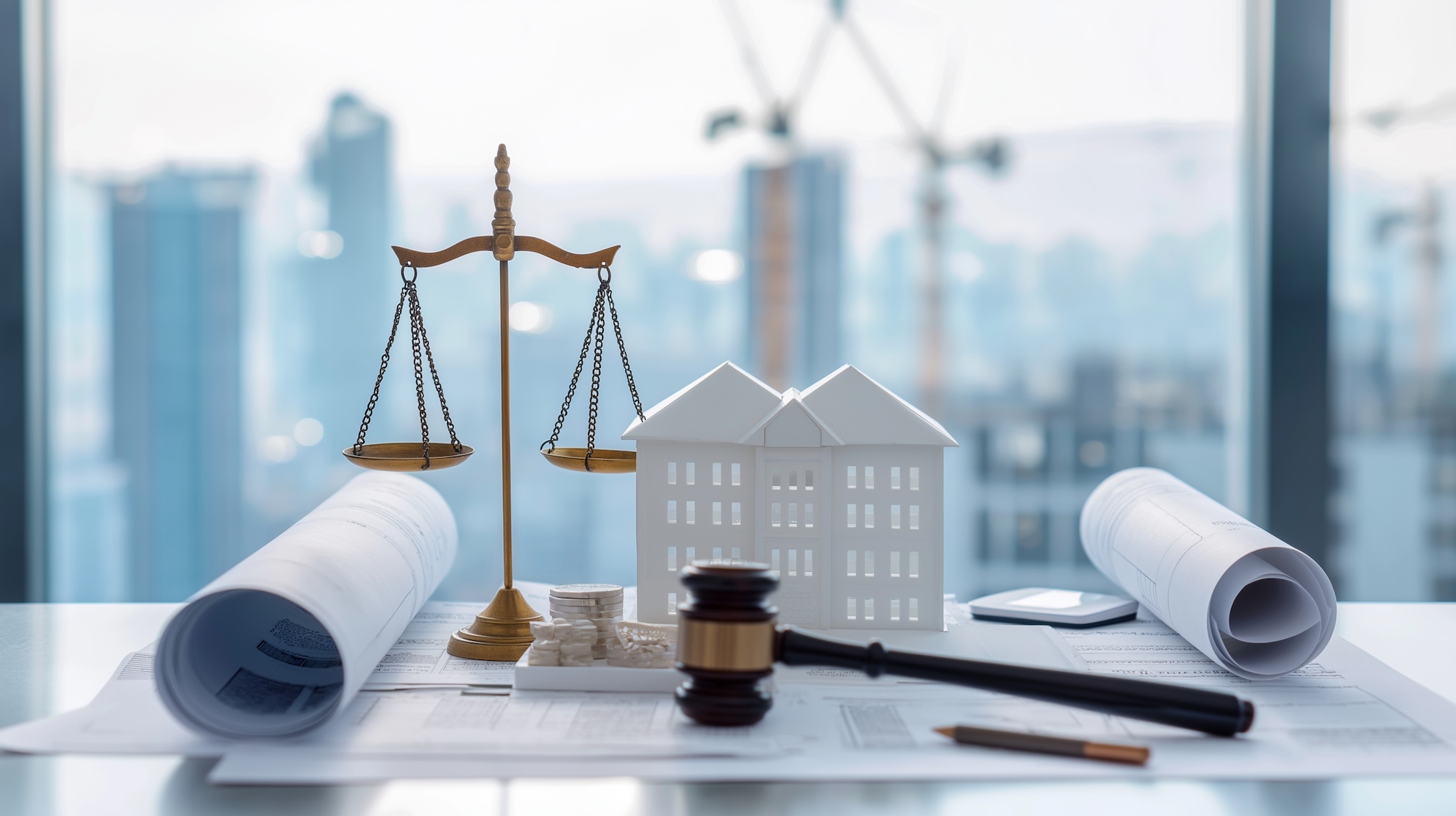 Balance de justice, marteau de juge et maquette de maison posés sur des plans immobiliers.