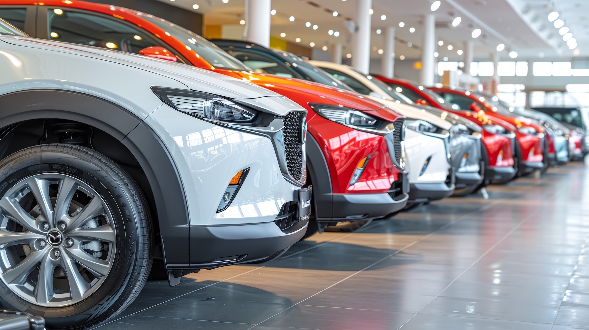 Voitures de différentes couleurs alignées dans une concession automobile