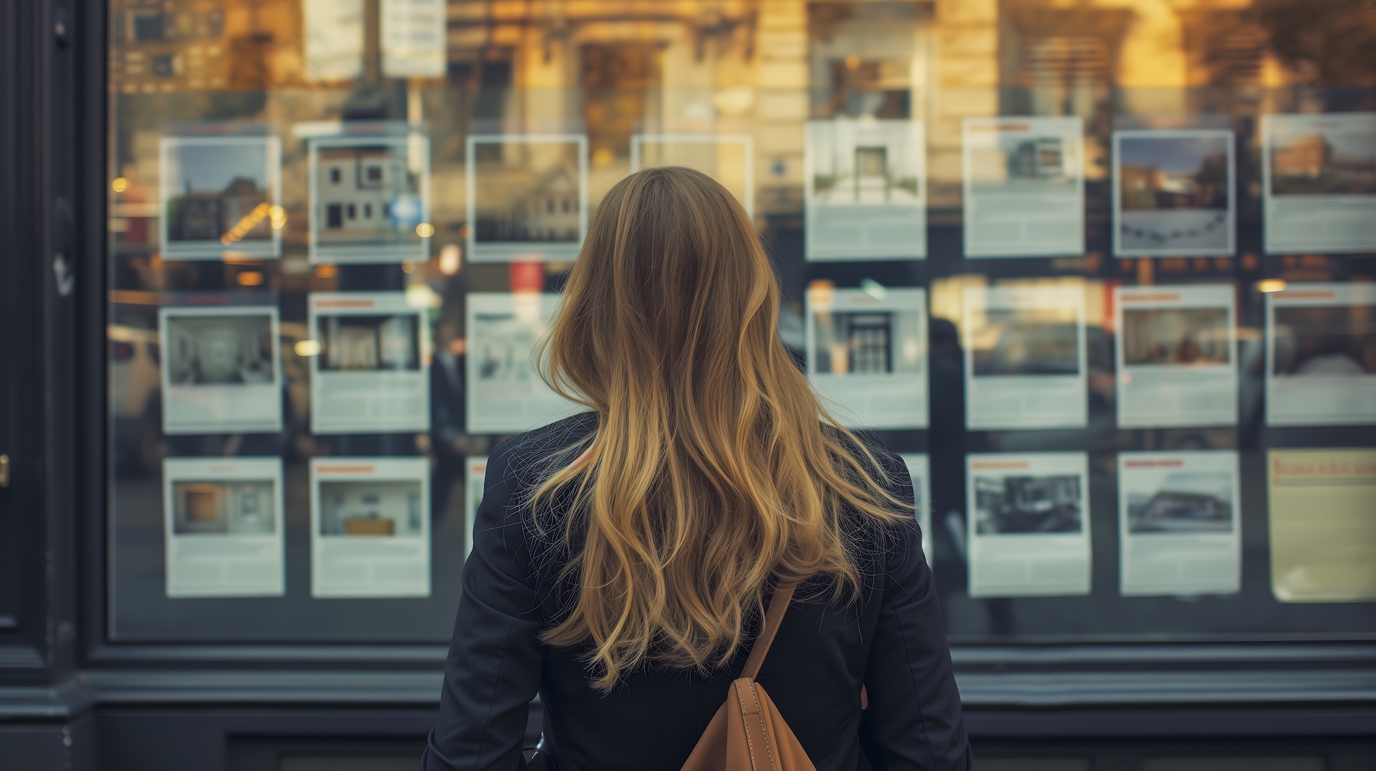 Femme consultant la vitrine d'une agence immobilière