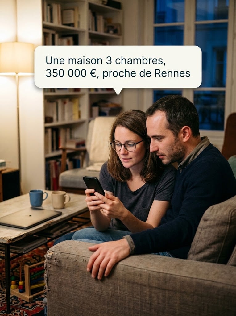 Un couple cherche un bien immobilier en discutant avec une IA depuis son salon
